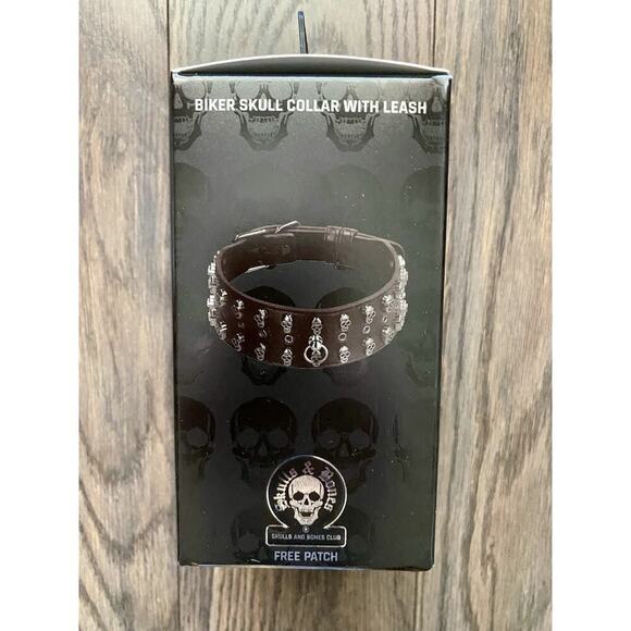 🦋B2G1🦋OUCH! SHOTS AMERICA Skulls & Bones Biker Skull Collar With Leash - Picture 4 of 5